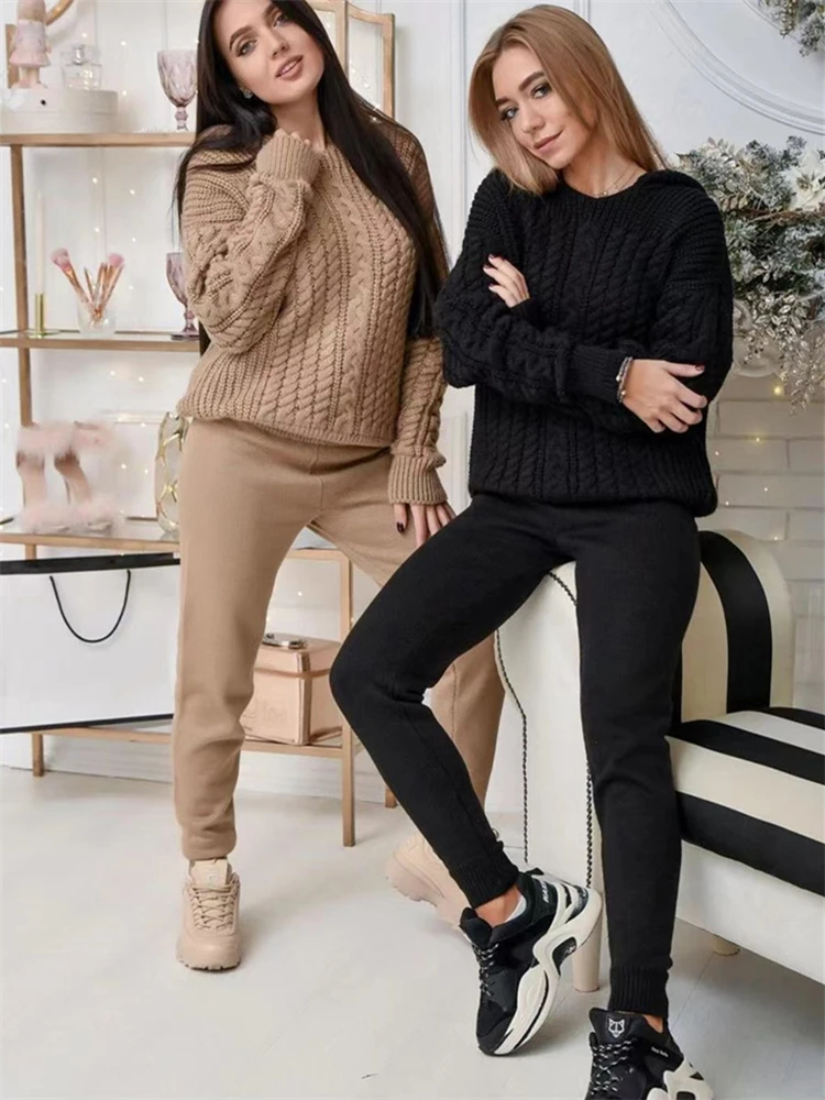 Colorfaith 2022 New Sweaters With Pants Knitted Warm Fashionable Autumn Winter Women Sets Two Pieces Tracksuit Suits WS2003JX