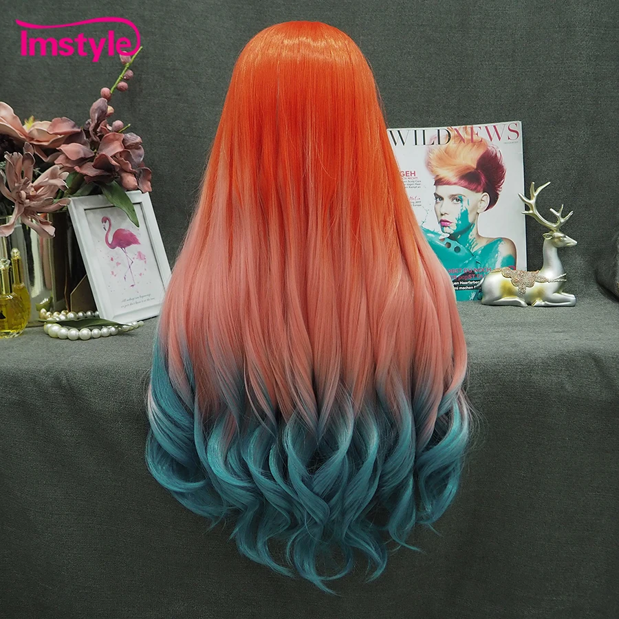 Imstyle Ombre Orange Blue Wig Synthetic Lace Front Wig Long Wavy Wig Cosplay Wigs For Women Heat Resistant Fiber