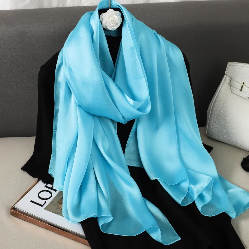 Foulard en soie pour femmes, marque de luxe, grand châle, bandeau enveloppant, Design solide, Hijab, étoles de plage, Bandana, 2024