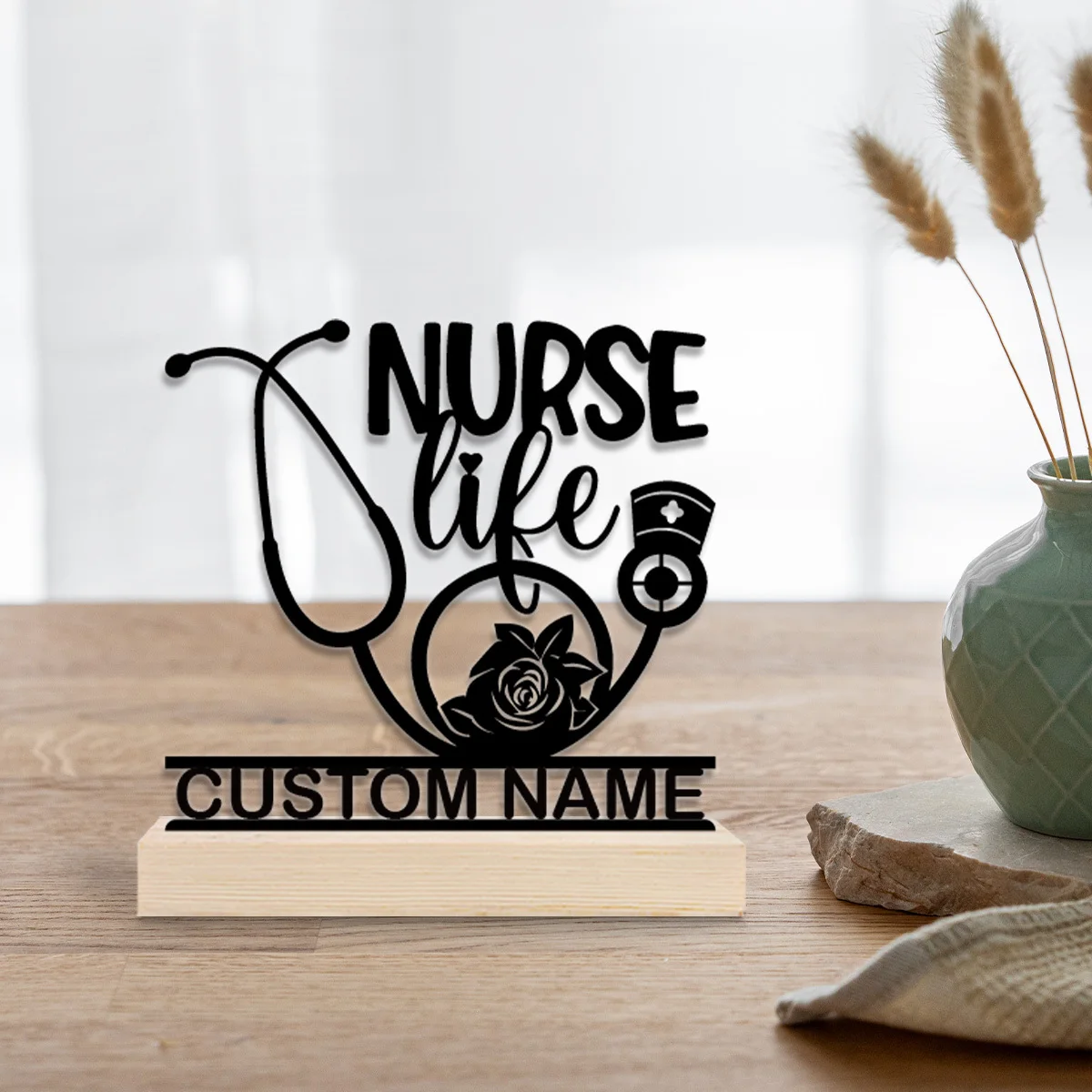 Decoración de Escritorio de Metal Personalizada para Enfermeras con Nombre y Base de Madera, Regalo para Personal Médico, Decoración para el Hogar/Oficina/Clínica/Dormitorio