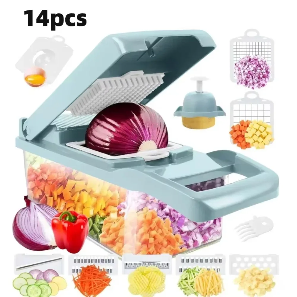 

12-in-1Vegetable Slicer, Cutter with 12 Blades for Potatoes Onions Carrots, Easy Clean Compact Design Includes Storage Container