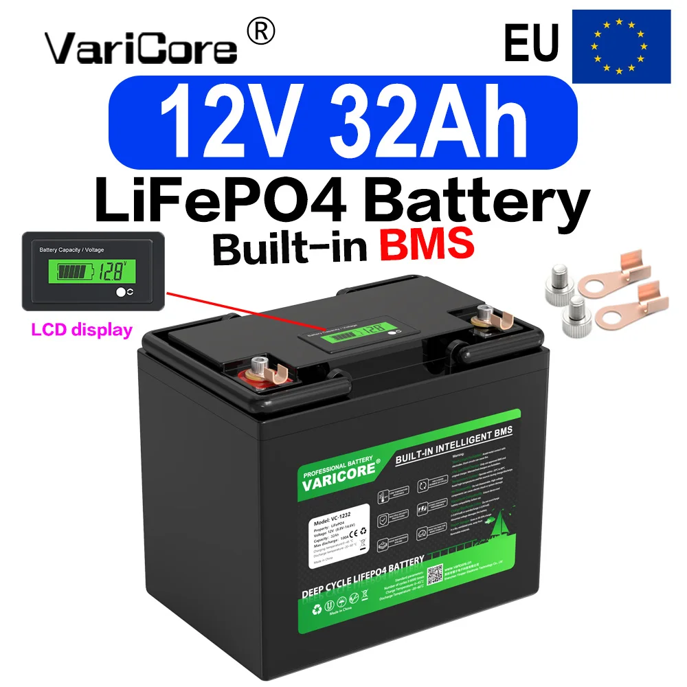 VariCore 12V 32Ah LiFePO4-batterij Ingebouwde BMS Deep Cycle Oplaadbaar voor RV Solar Home Energy Storage