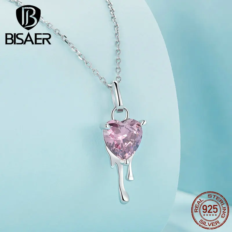 BISAER 925 Sterling Silver Pink Heart Jewelry Set Heart Zircon Irregular Drop Necklaces & Earrings For Luxury Party Fine Jewelry