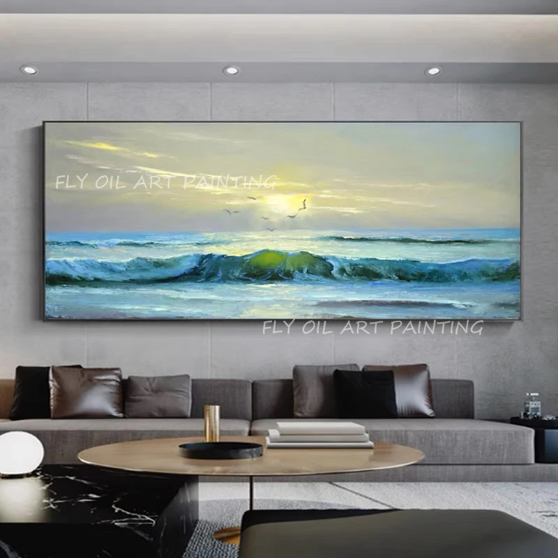 

Hand-painted ocean navy blue thick large size picture with sunrise Oil Paintings for Living Room Home Decoration gift