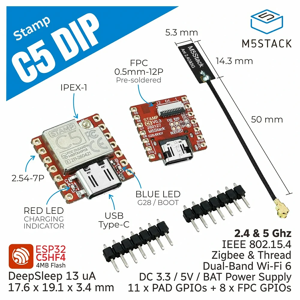 M5Stack Stamp‑C5 DIP ESP32‑C5HF4 IoT Module Dual‑Band WiFi6 BLE5 RISC‑V 4MB Flash Type‑C for IoT Smart Home Project - view 6
