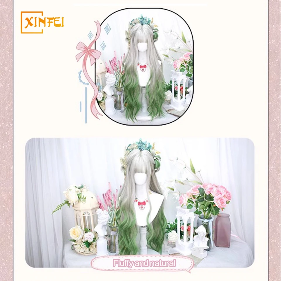 32Inch Lange Golvende Ombre Maanlicht Grijs Geverfd Citroen Synthetische Cosplay Lolita Harajuku Pruik Met Pony Golvende Anime Pruiken Voor Vrouwen