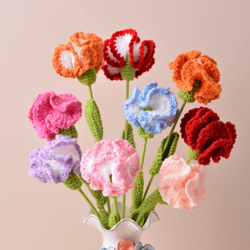 Ramo de Flores de Carnation Tejidas a Crochet, Flores Artificiales, Flor de Punto, Rosa, Regalo para el Día del Maestro, Día de la Madre, Cumpleaños