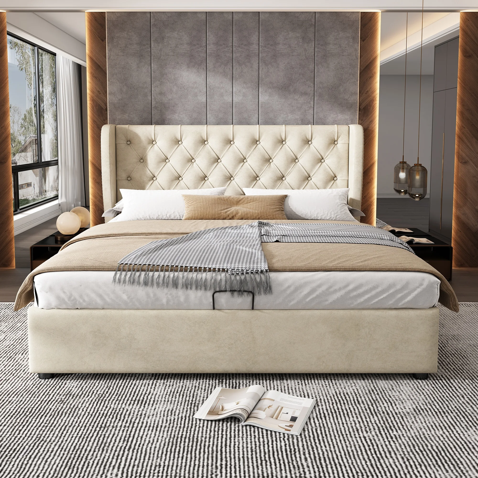 Lit coffre 140x190 cm - Lit double avec sommier à lattes et coffre hydraulique - Velours - Sans matelas - Beige