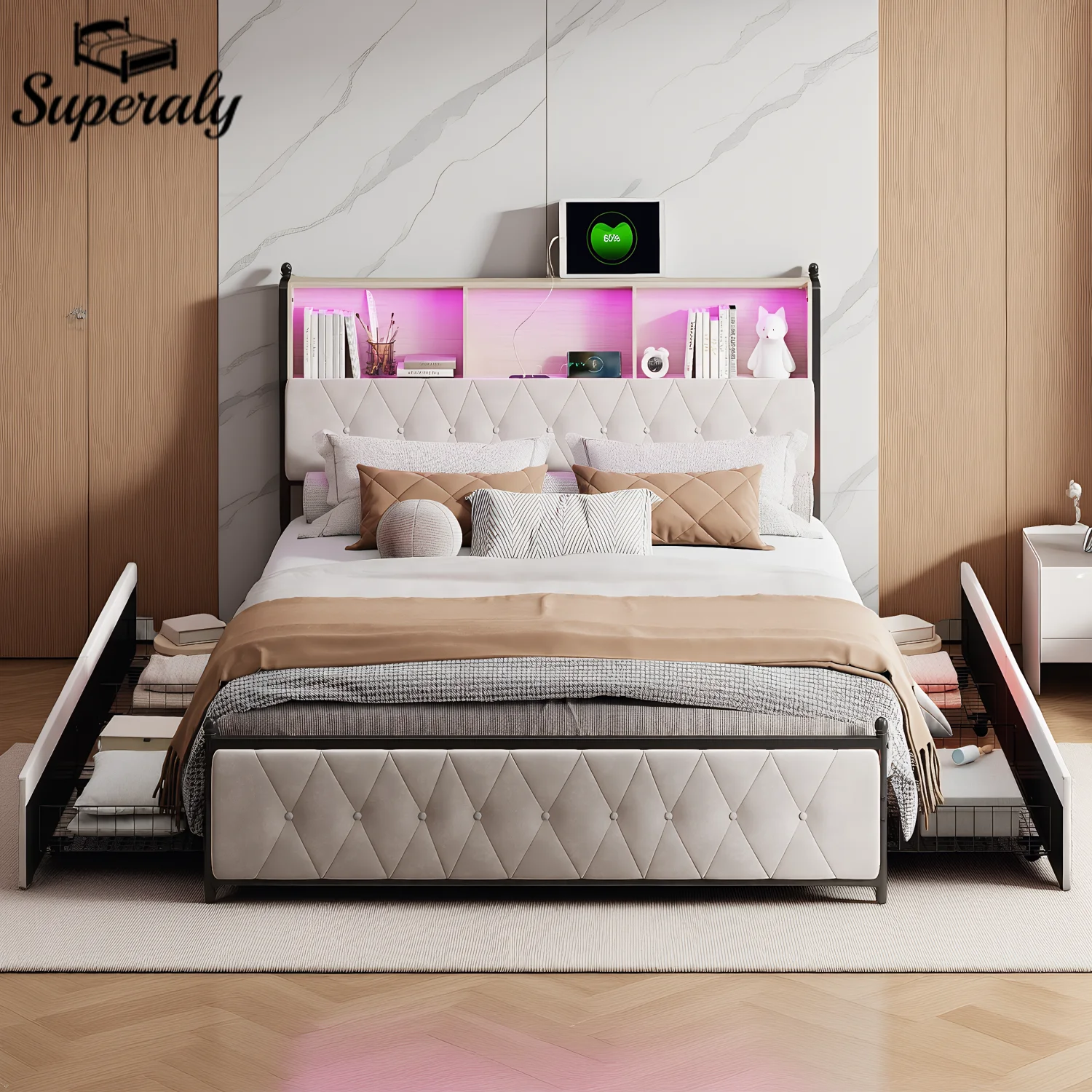 Lit double rembourré Superaly avec 4 tiroirs de rangement 140x200cm/160x200cm/180x200cm, tête de lit LED avec port de charge USB