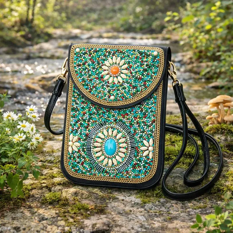 Beaded Crossbody Phone Bag for Women Leather Mobile Pouch Boho Shoulder Wallet Handmade Mini Purse for iPhone view 4