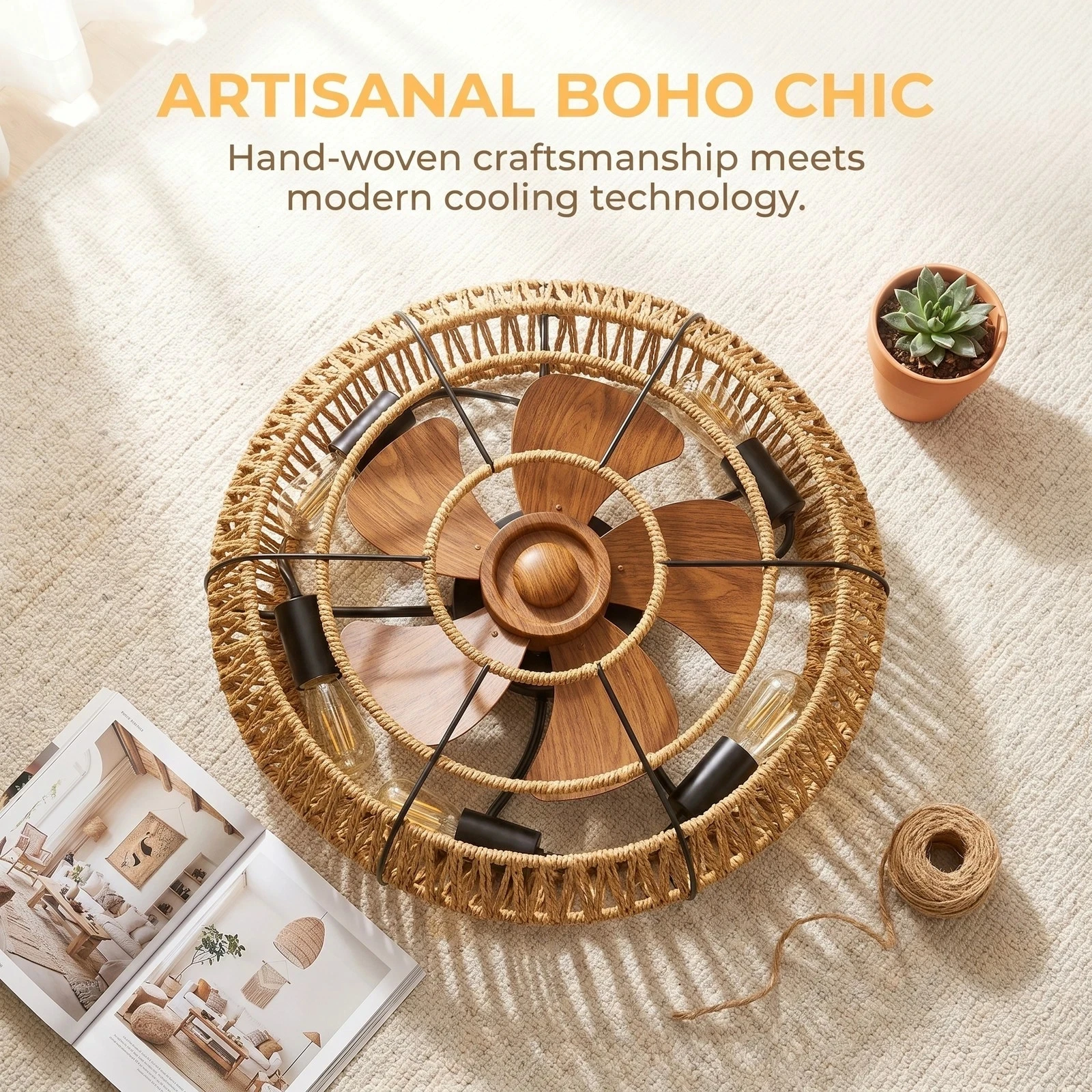 19-inch cage-style ceiling fan (with light), rattan bohemian style, ceiling-mounted, supports remote control and APP control