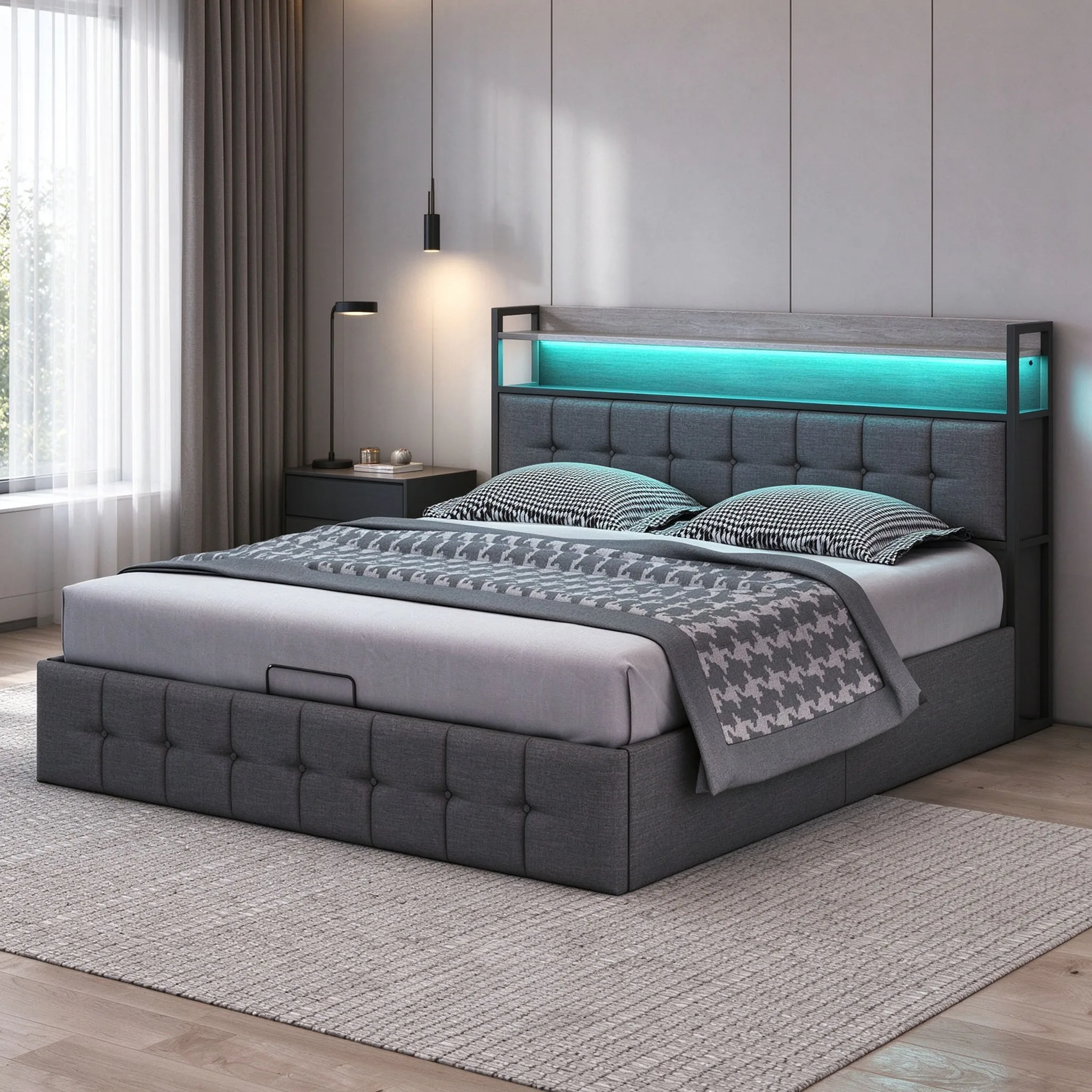 Superaly, struttura letto 140x190 cm, letto rivestito in tessuto di lino grigio, letti a piattaforma, letto con sistema di stoccaggio idraulico e vano contenitore sotto il letto, testiera imbottita