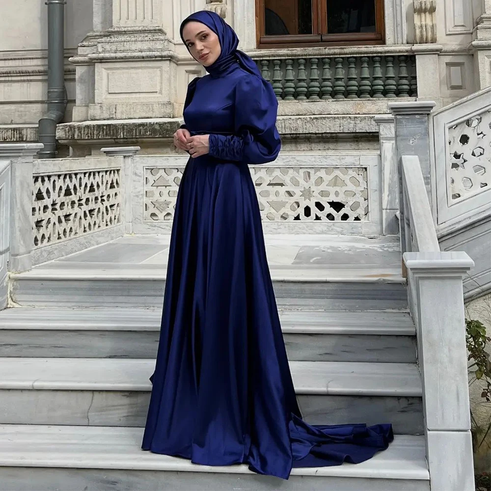 

15869# Arabic Long Sleeves O-Neck Pleat Soft Satin Muslim Hijab Evening Dress Islamic Prom Gown For Women فساتين زفاف