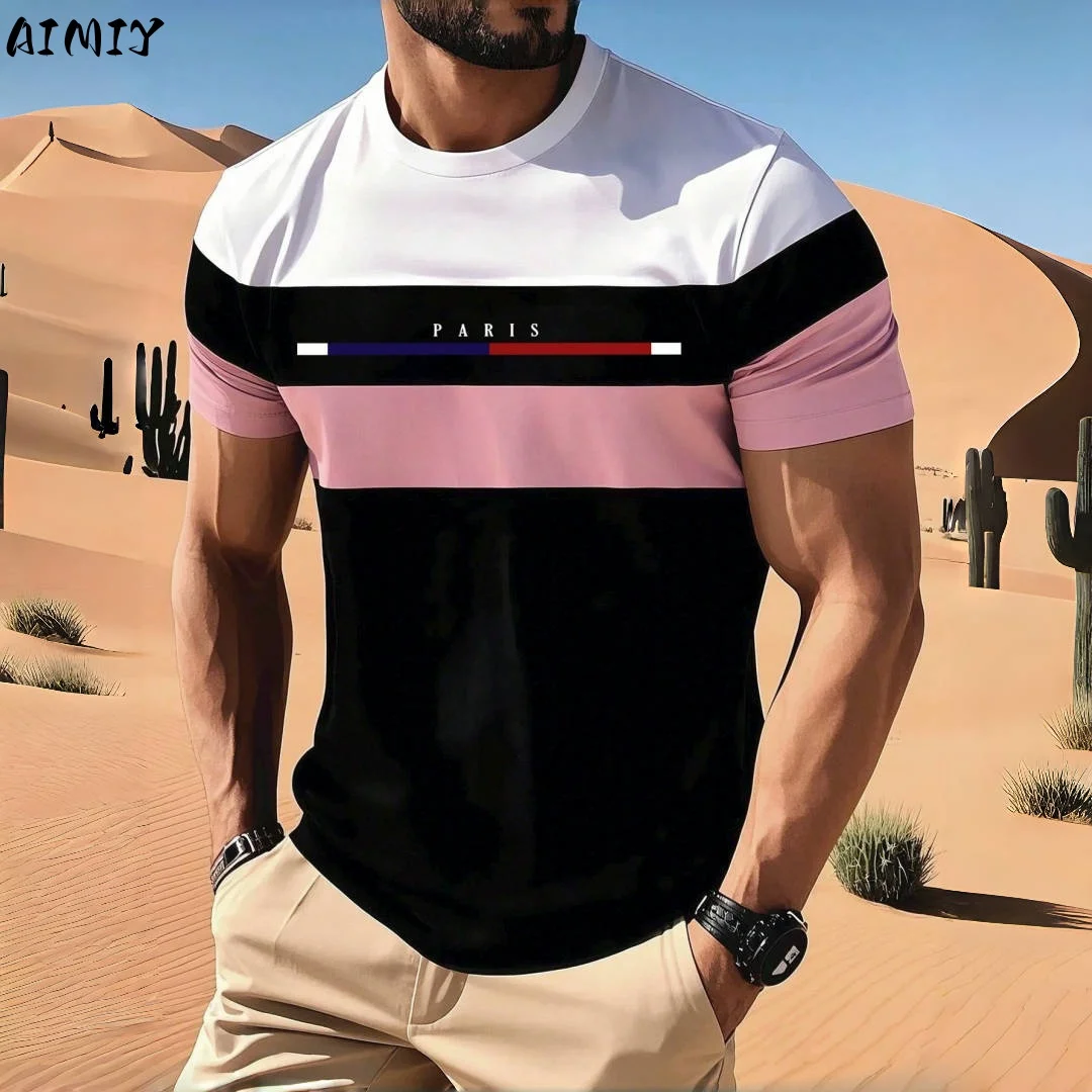 

Простая повседневная полосатая мужская футболка с принтом, модный уличный мужской летний топ, свободная футболка большого размера с короткими рукавами