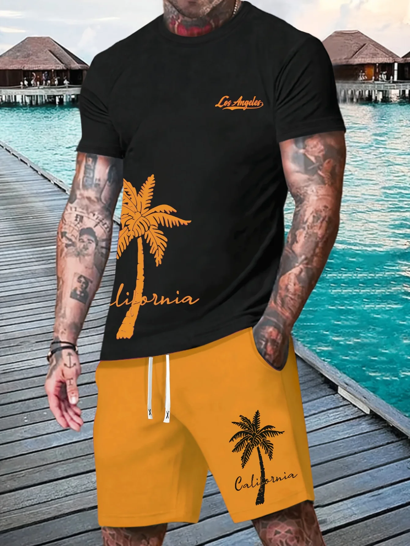 Summer Refreshing Coconut Print Men\'s Casual Short-Sleeved T-Shirt And Shorts Set Fashionable Suitable For Spring And Summer