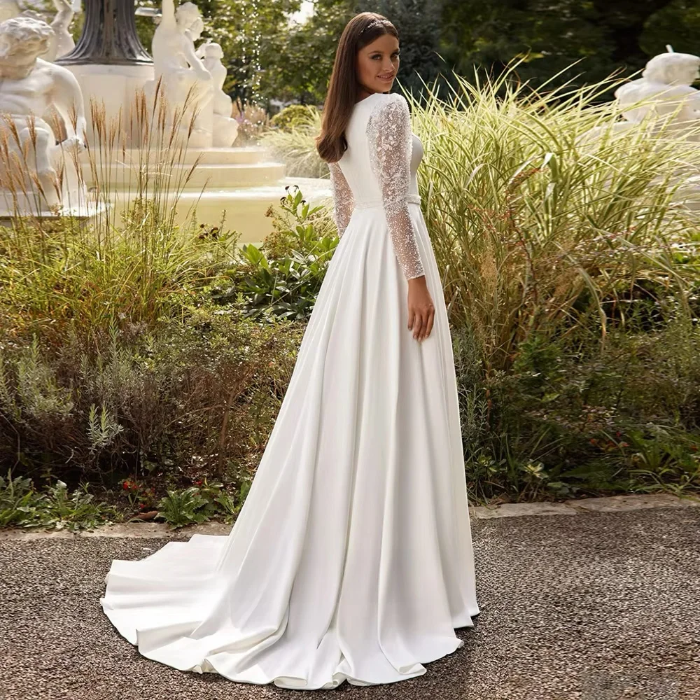 2025年ウェディングドレス ソフトサテンウェディングドレス サウジアラビアのブライダルガウン カスタムメイド 長袖 ビーズ飾り サッシュ Aライン サテン アラビアン