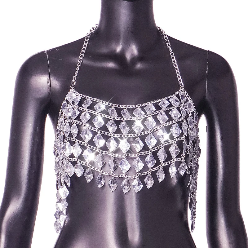 Imagem -04 - Feminino Acrílico Voltar Aberta Halter Top Cadeia de Corpo de Cristal Frisada Boate Prata Strass Cami Top