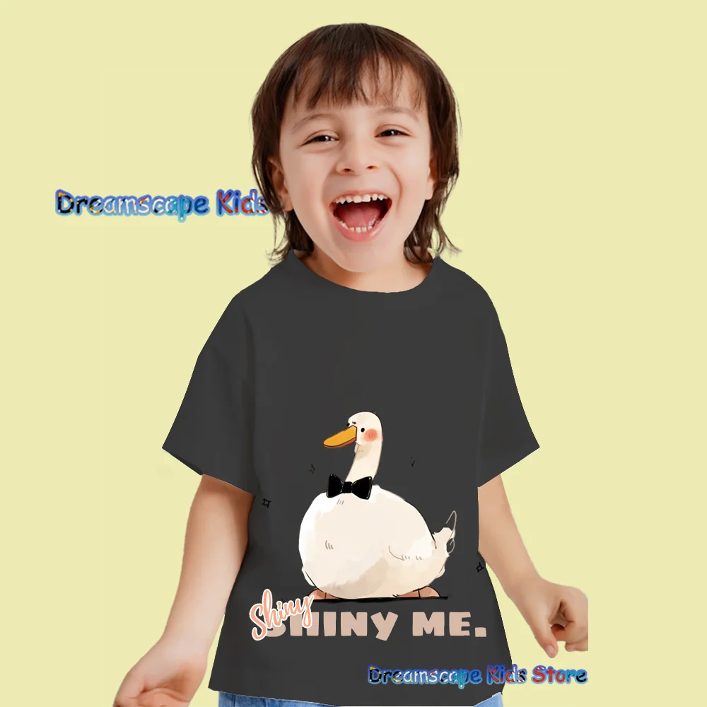 Kawaii Style Gentleman Duck Cartoon  Illustration Printed T Shirts Summer Short Sleeve Child Clothes Kids Casual Style Tees Tops