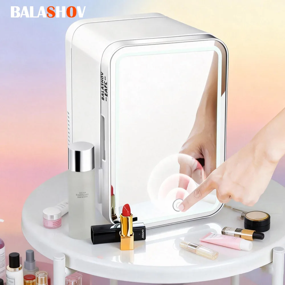 Mini Refrigerador Multifuncional de 4L, Refrigerador Cosmético para Dormitorio, Refrigerador Portátil de Sobremesa con Espejo, 220V UE