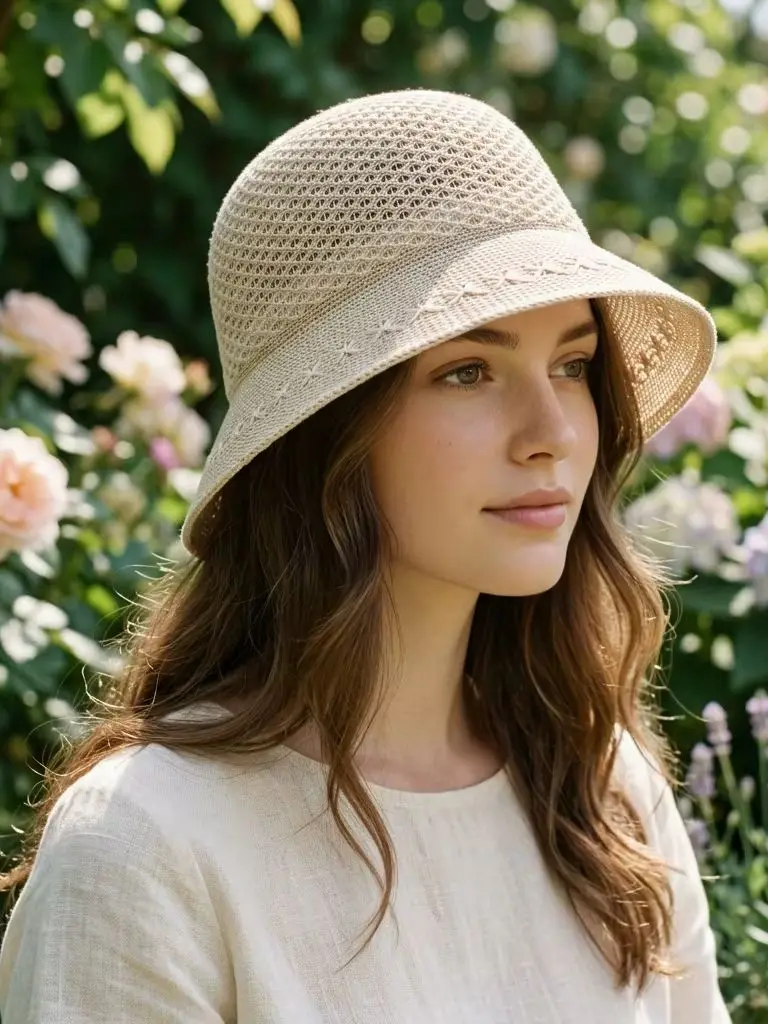 Eleganter Breitkrempiger Gestrickter Fischerhut für Damen - Outdoor-Reise Sonnenschutz Atmungsaktiver Mesh-Bucket-Hat – Detail 4