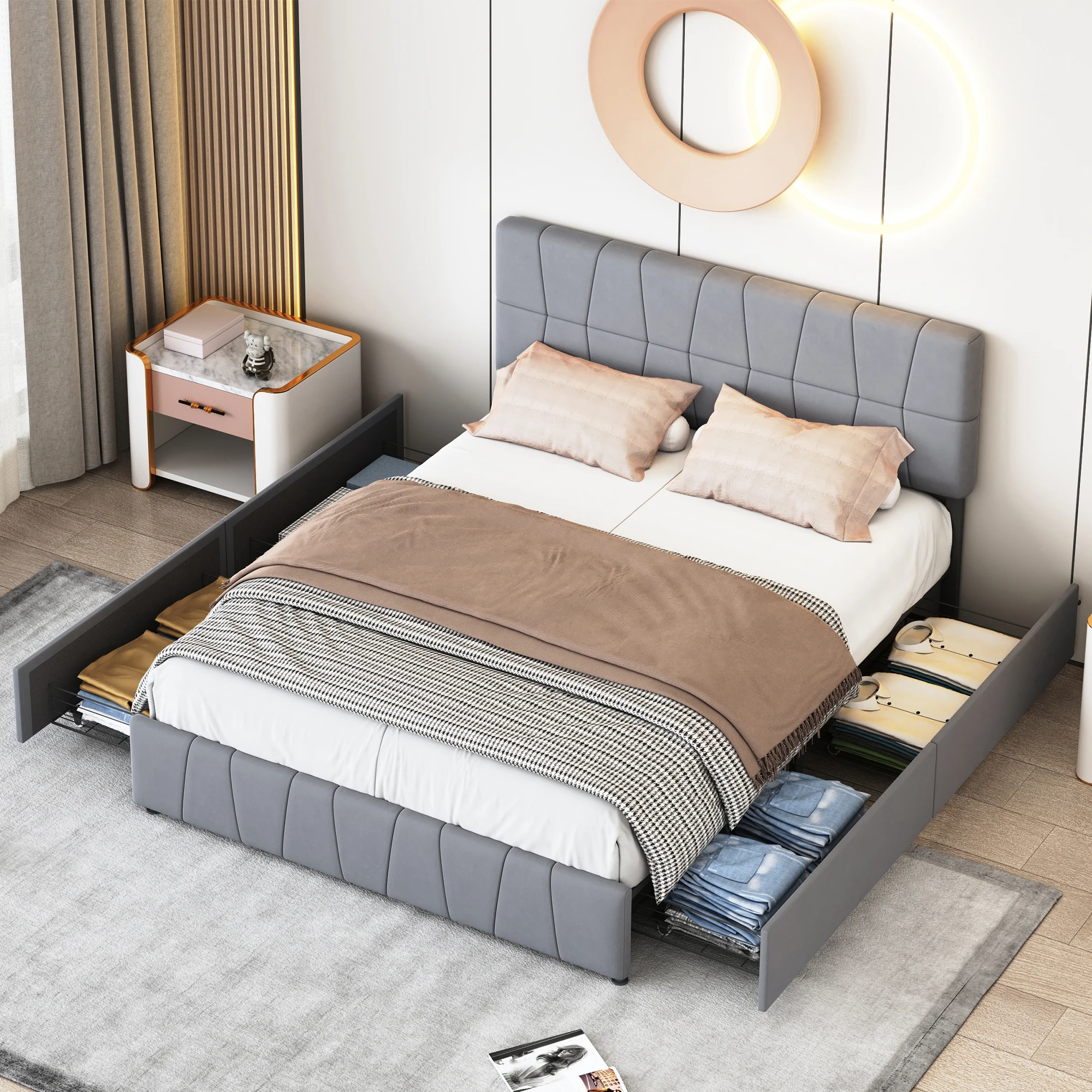 Letto imbottito Anajqaqia, dimensioni 160 x 200 cm, con contenitore e 4 cassetti, letto matrimoniale con struttura a doghe, senza materasso, rivestimento in velluto, colore grigio.