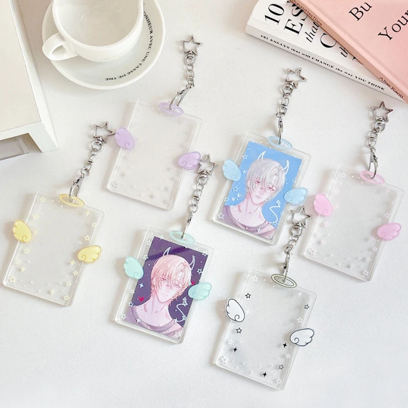 

Acrylic Angel Wings Card Holder Keychain Kpop Photocard Sleeve with Badge Clip for Album & Bag Decor