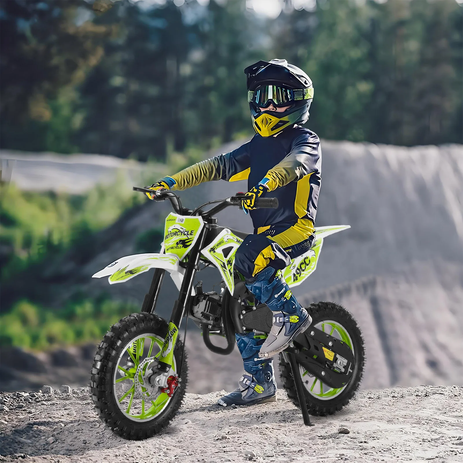 Bicicleta de cross de 2 tiempos para niños, Motocross de energía de Gas, Mini motocicleta todoterreno con frenos de disco delanteros y traseros, verde, 49CC