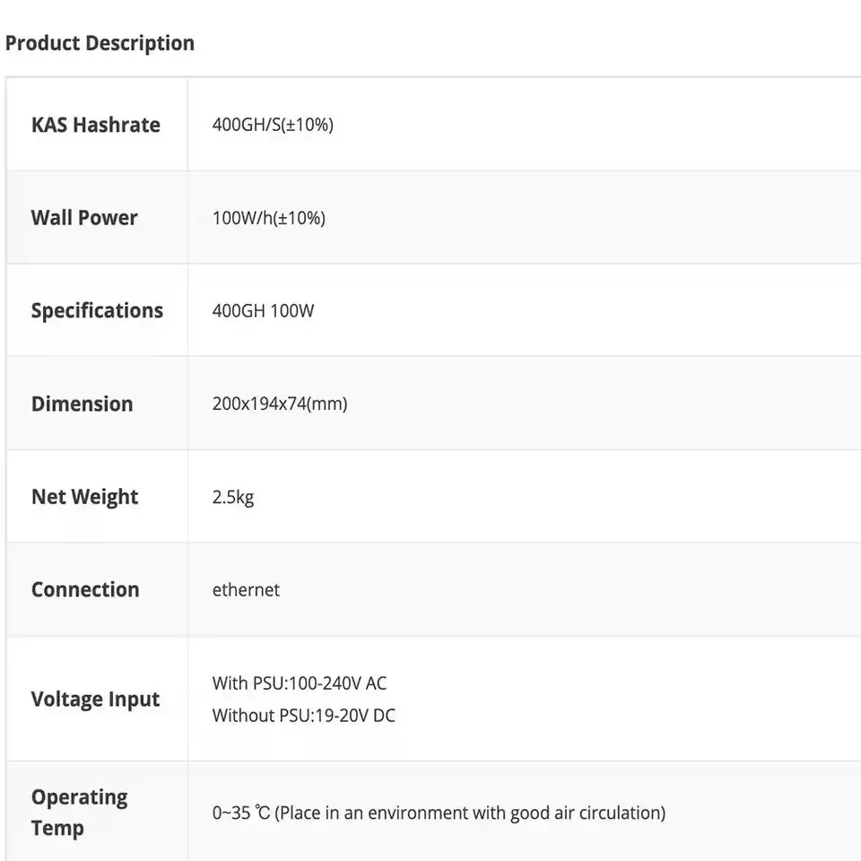 DD Brand New IceRiver KS0 Ultra 400Gh/S 100W KAS Miner Kaspa Miner Machine With PSU Asic KAS Mining Rig IceRiver KAS KS0U Miner