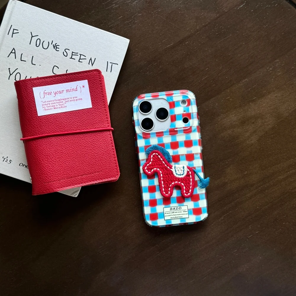 

Stylish and fresh blue plaid embroidered pony mobile case,suitable for iPhone 13/14/15/16/17ProMax, shock-proof protective case
