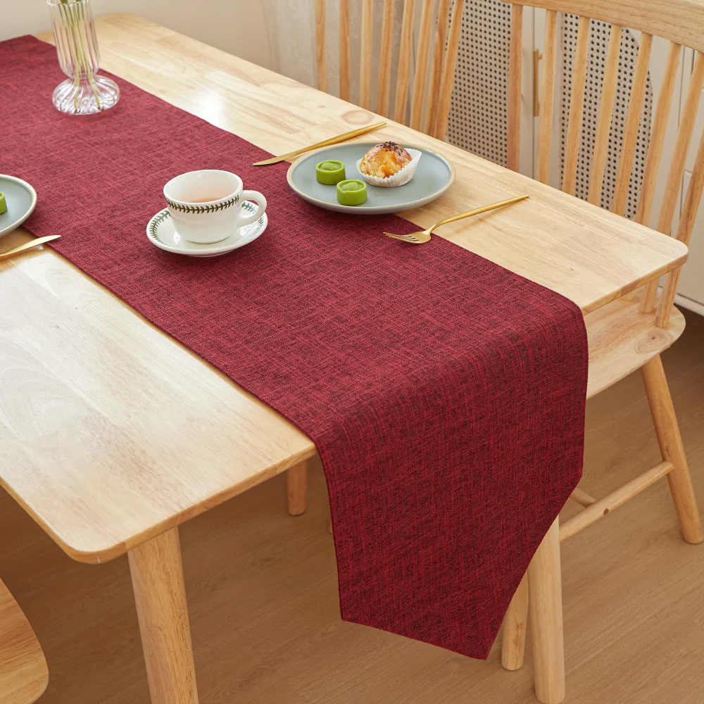 

Thickened Modern Elegant Table Runner Solid Linen Printed Burgundy Color Tablecloth Decorative Large Long Dining Room Table Mat