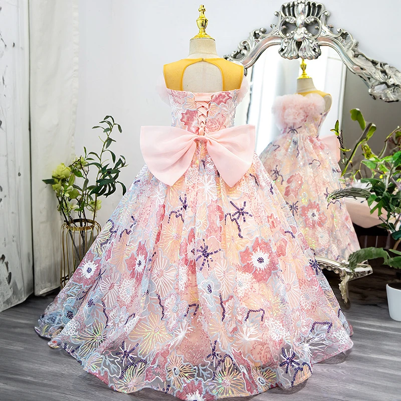 Flower Girls Luxury Pink Embroidered Dresses for Wedding Birthday Party Evening Long Ball Gowns Formal Kids Cocktail Dress Child