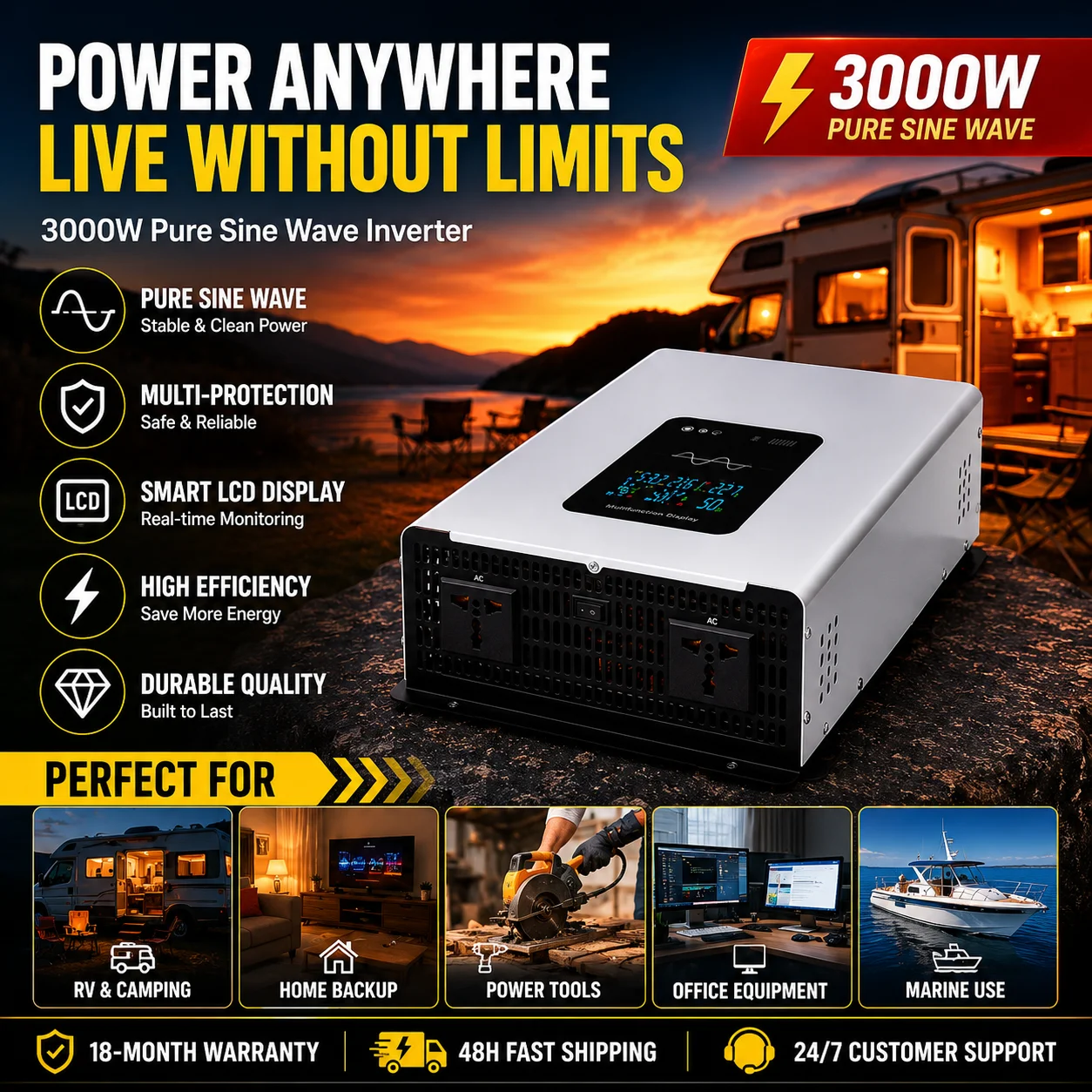 Pure Sine Wave Inverter DC12V/24V To AC110V/220V 1500W 3000W Peak Power Transformer LCD Screen QC3.0 USB Auto Off-Grid Power Con view 2