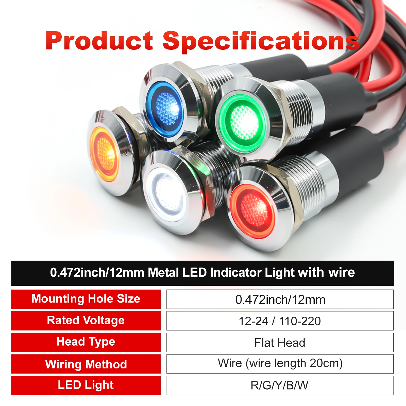FILN 12mm 12v 24v 110v 220v Metal LED Pilot Panel Gösterge Lambası Uyarı Işığı 20cm Kablo Krom Kaplama Araba Tekne Deniz Aracı