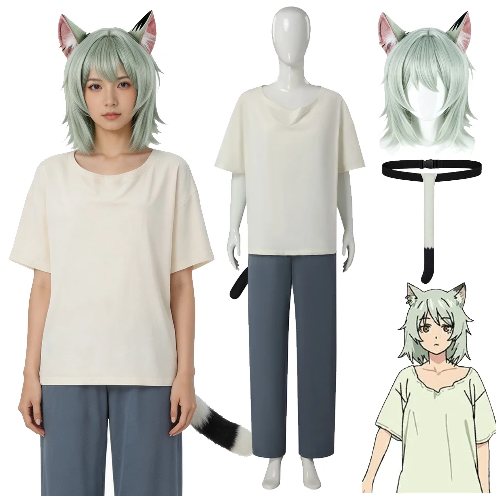 Disfraz de Cosplay de Chainsmoker Cat Yani Neko Yaniko Sato, Set de Peluca, Camiseta, Pantalones, Orejas de Gato y Cola para Adultos, Anime, Halloween