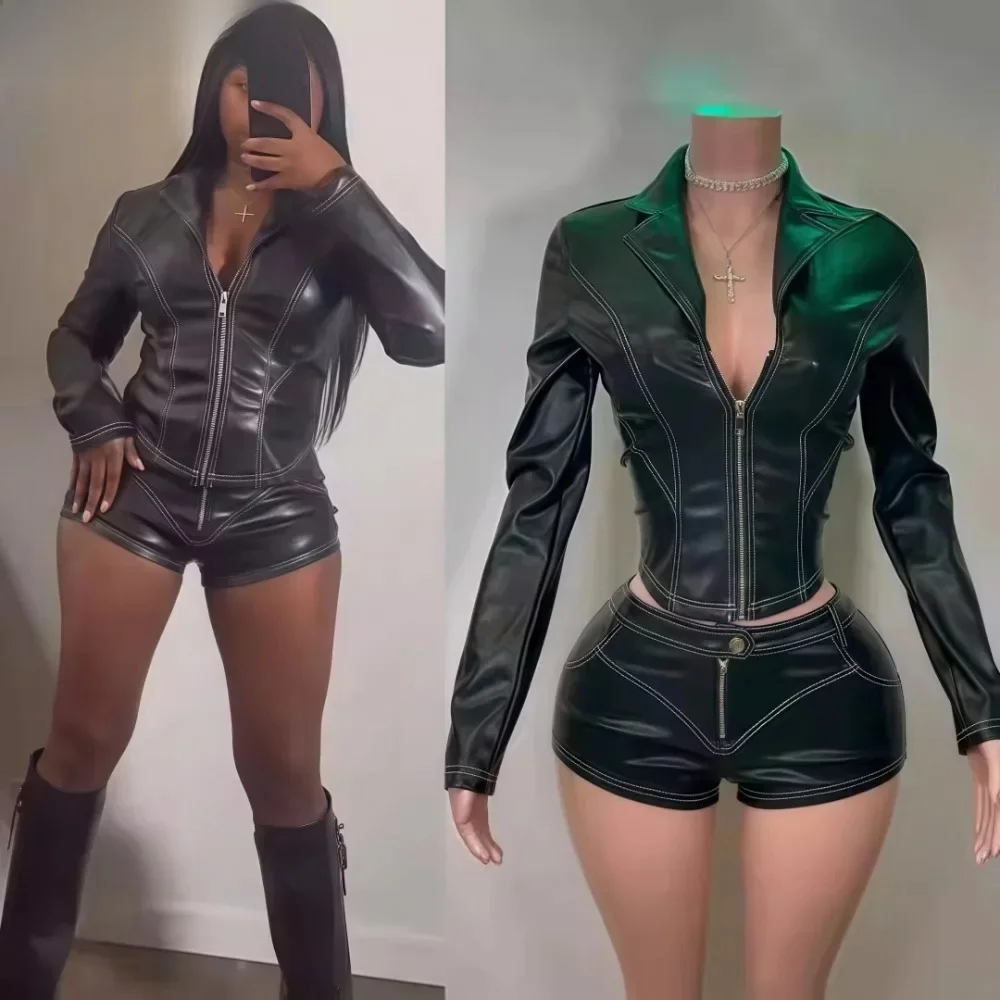 FAGADOER Punk Y2K Skórzane 2-częściowe zestawy damskie Głęboki zamek błyskawiczny Patchwork Kurtka i szorty Garnitury Hot Girl Streetwear Nowy — zdjęcie 2