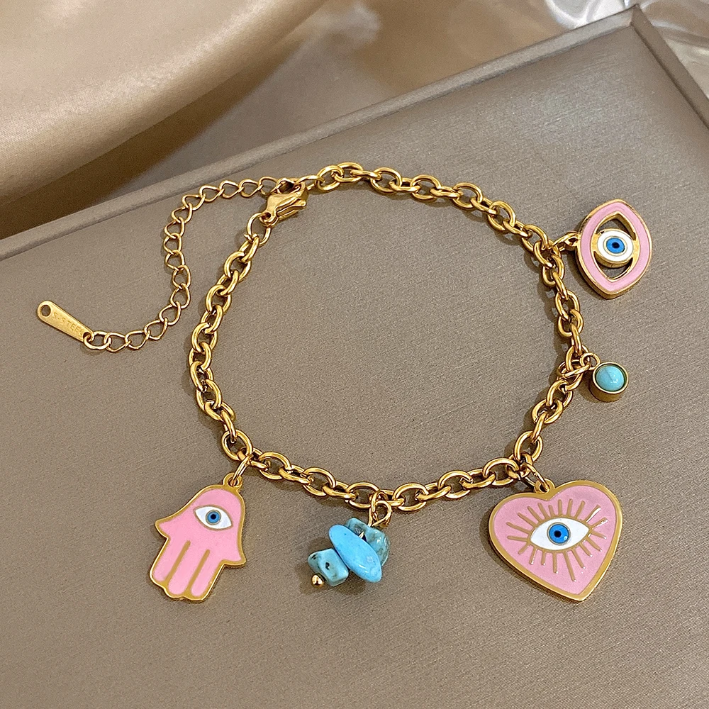 

Creative Pink Drip Oil Eye Pendant Bracelet for Women Stainless Steel Chunky Chain Bracelet Waterproof Hand Jewelry Wholesale