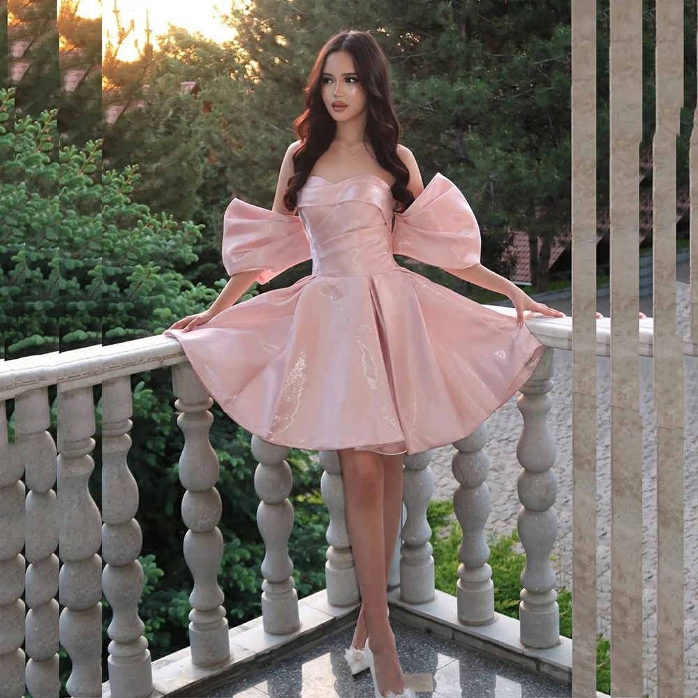 Customized Customized Pink Shiny Cocktail Dress Off Shoulder A Line Mini Prom Dress Short Sweetheart Homecoming Dress Party Gown