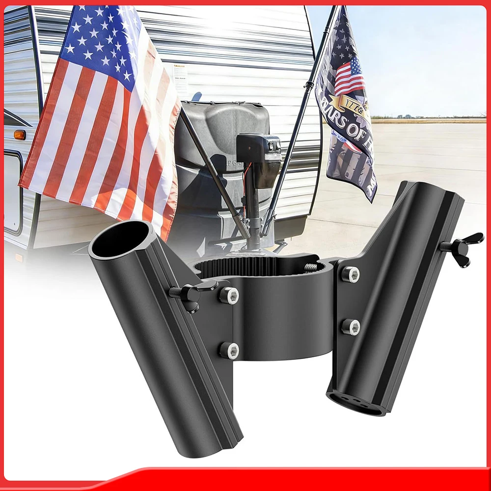 Aluminum Dual Flag Holder Mount For RV Car Trailers Fits Flagpoles Up To 1 Inch For 2 Inch And 2 Quarter Inch Jack Tube