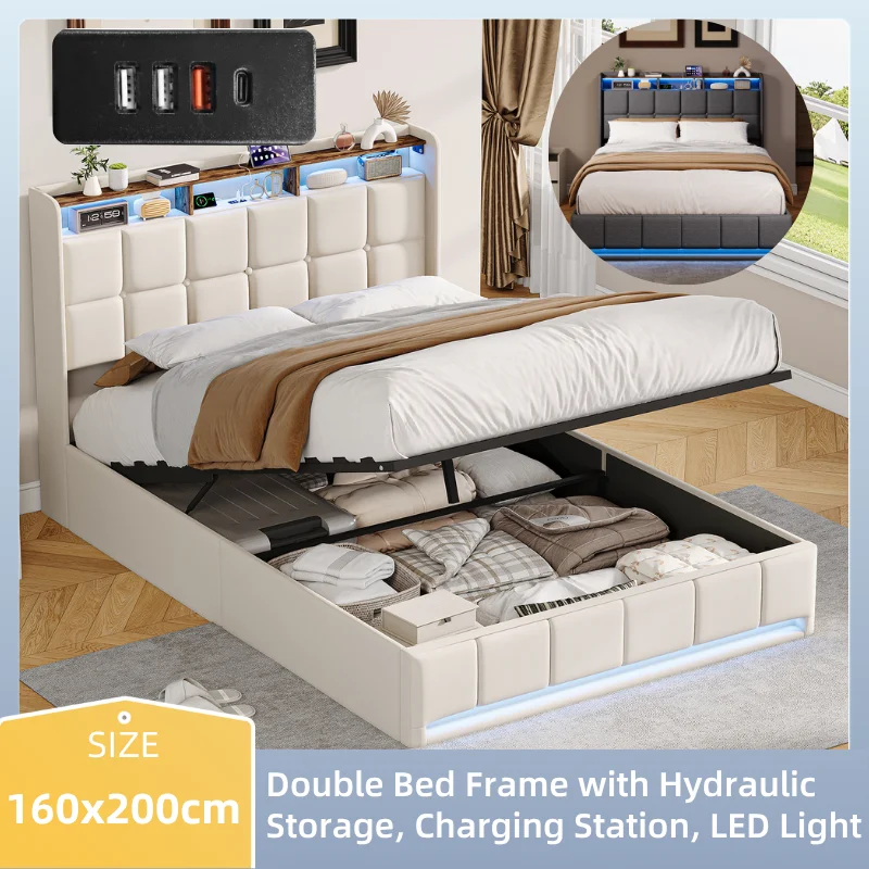 160x200 cm Cadre de Lit Double Capitonné avec Rangement Hydraulique, Station de Recharge, Éclairage LED Réglable, Tête de Lit en Lin avec Rangement, Sommier à Lattes en Bois, Sans Matelas