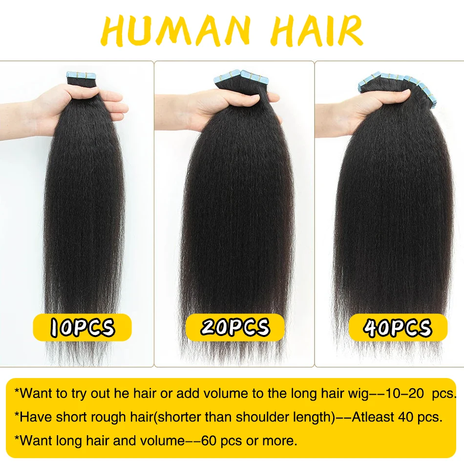 1B# Kinky Straight Tape In Human Hair Extensions Skin Weft Hair Extensions Adhesive Brazilian Remy Natural Hair 12''-24'' Length