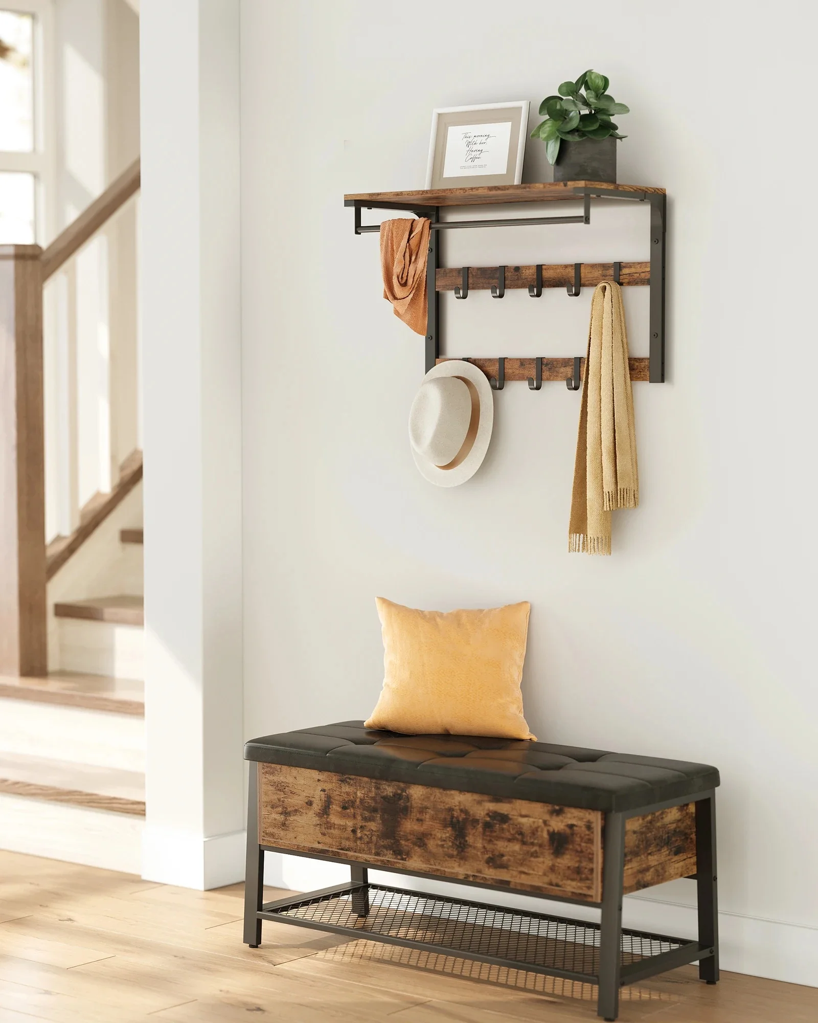 VASAGLE Wandgarderobe, mit Ablage, Wandregal mit 10 abnehmbaren Haken, Hängeregal, Wandmontage, 2 Garderobenleisten