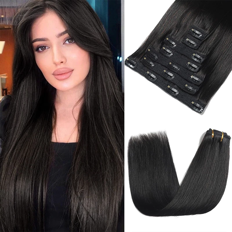 Straight Clip In Human Hair Extensions Real For Women Softand Comfortable Remy Human Hair 8Pieces 120g Per Pack Natural Black 1B