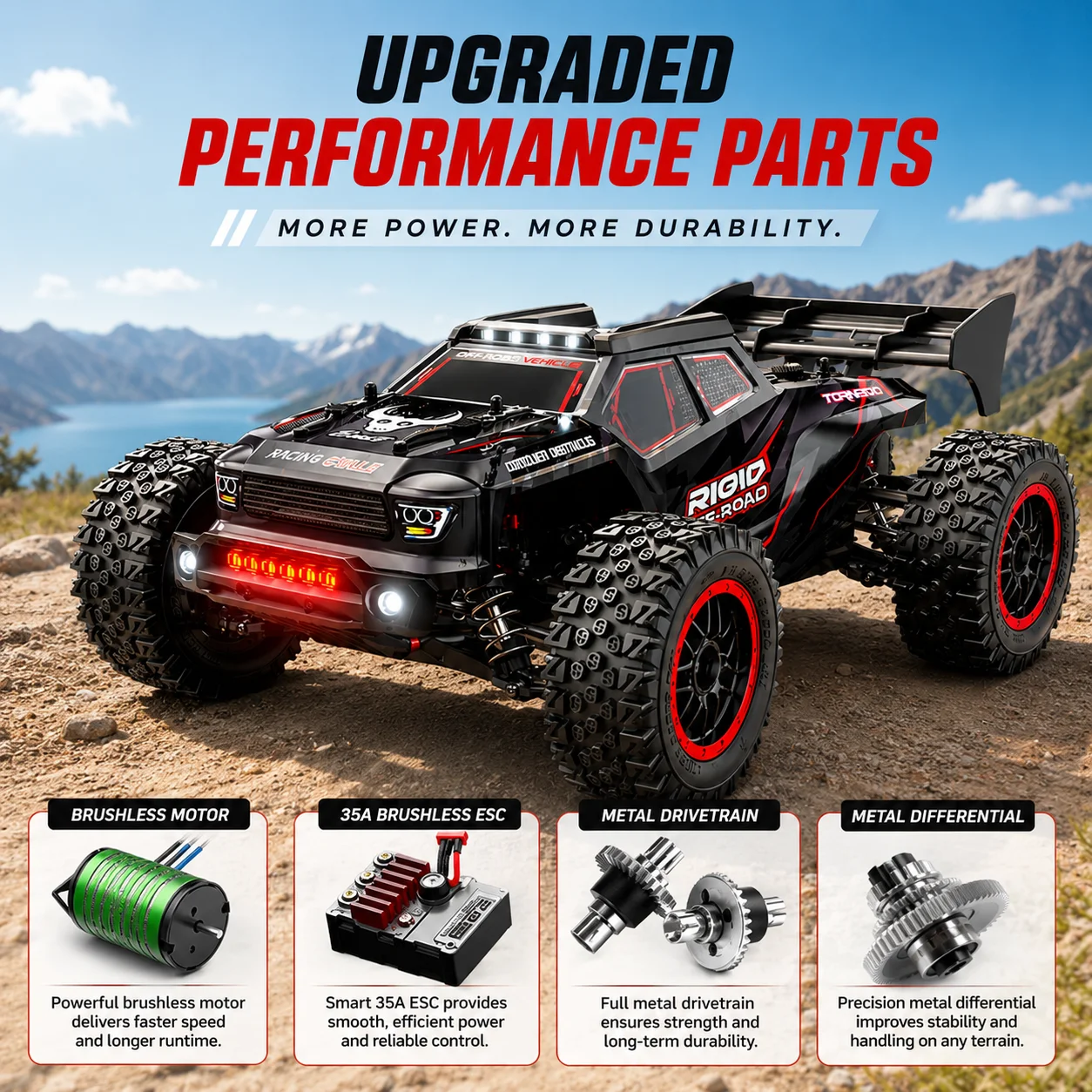 Voiture RC 4x4 télécommandée haute vitesse 2.4G, véhicule tout-terrain sans balais, différentiel métallique, phares LED, amortisseurs indépendants, échelle 1:16, voiture de drift