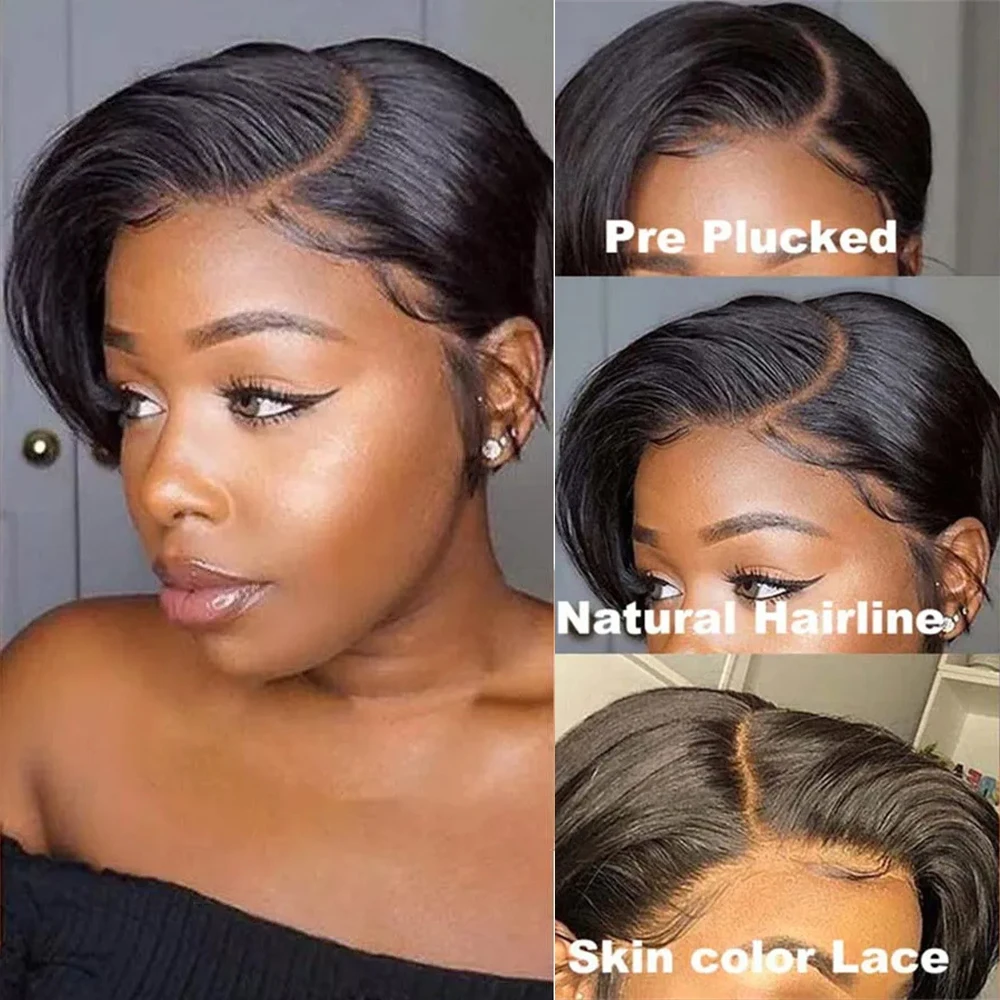 Short Bob Pixie Cut Human Hair Wigs For Black Women 13X1 Side Part Short Straight Lace Front Wig Pre Plucked With Baby Hair