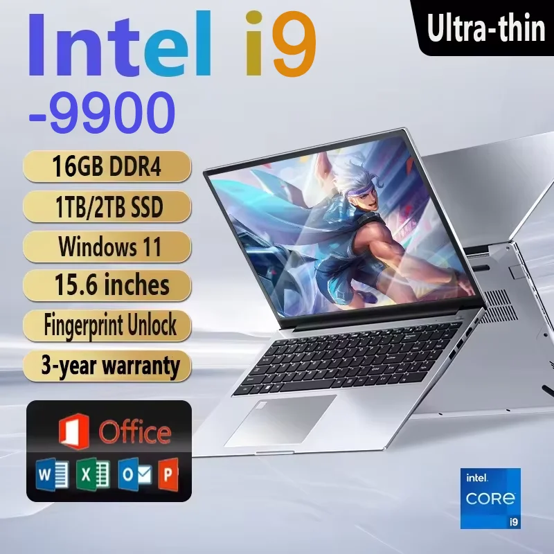 Laptop Ultra-Sottile da 15,6 Pollici, 16GB RAM, 1TB SSD, Intel Core I9-9900, Display HD 1920*1080, Computer per Ufficio e Studio, PC con Windows 11 Pro