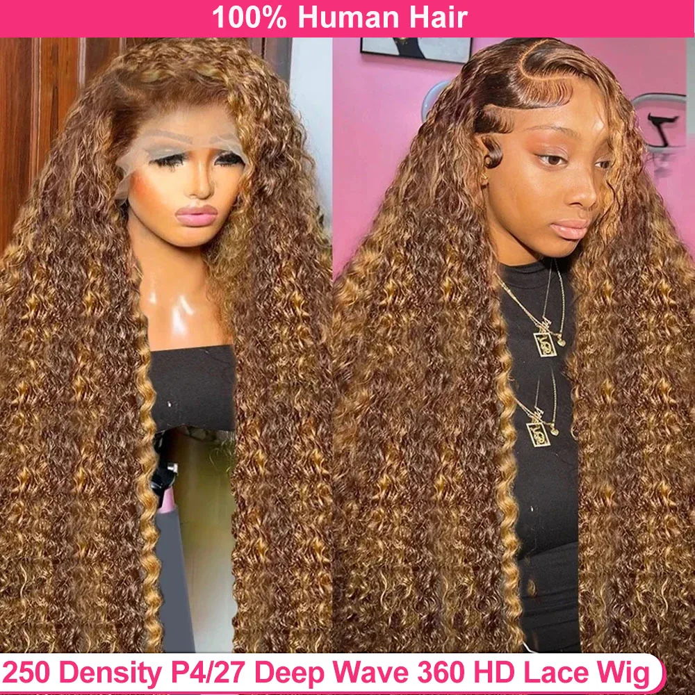 250 Density Highlight Ombre Deep Wave 360 Full Hd Lace Front Wig 30 Inch Glueless Wig Blonde Deep Curly Frontal Wig Human Hair