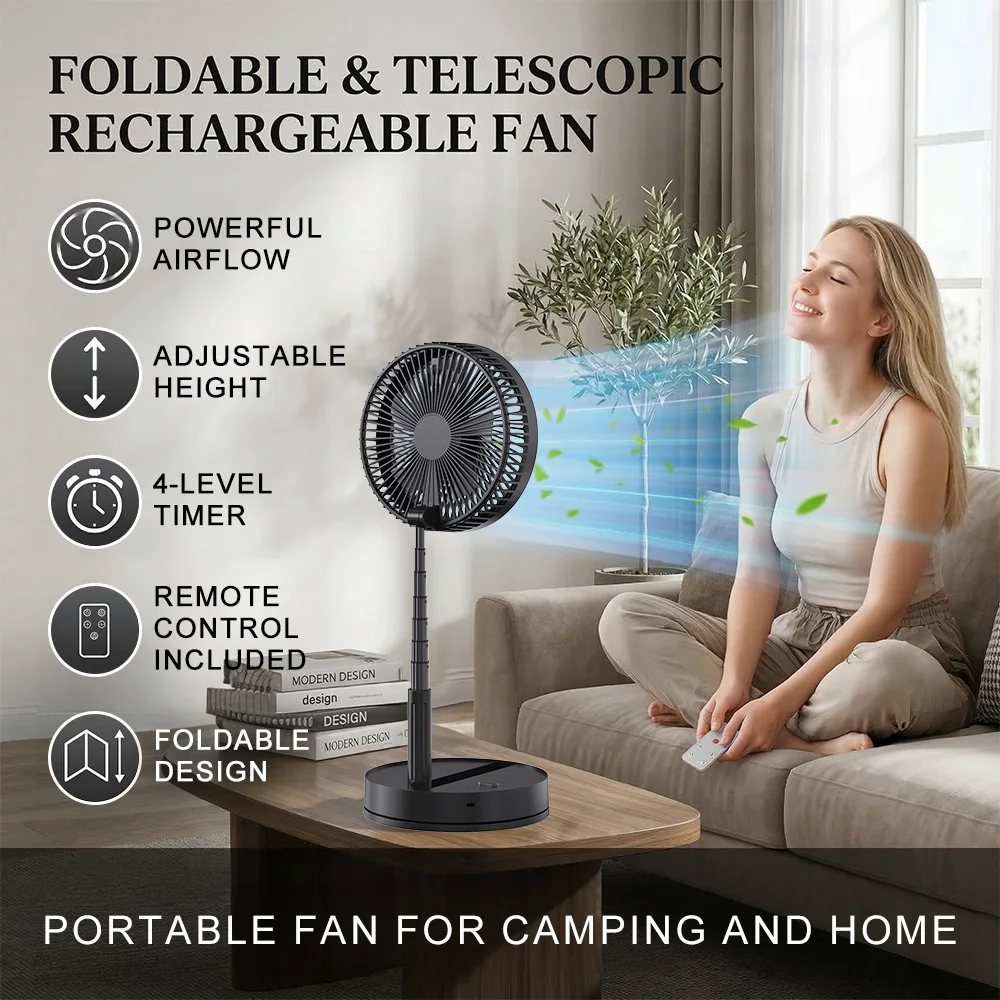 Faltbarer Tischventilator mit Fernbedienung, Teleskopstange, 100 cm, höhenverstellbar, schlankes Aufbewahrungsdesign, USB-Aufladung, tragbarer Kühlventilator für Schlafzimmer, Zuhause, Outdoor,
