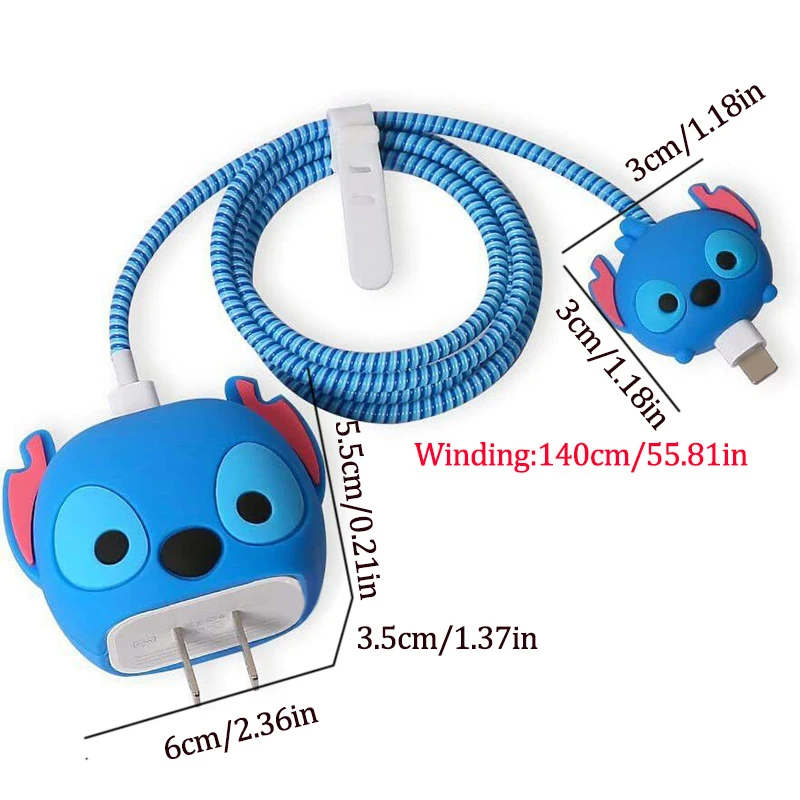 Licensed 3D Cute Disney Stitch Fast Charger Protector Charging Cable Charger Head Cover Cable Accessory Data Cable Protective