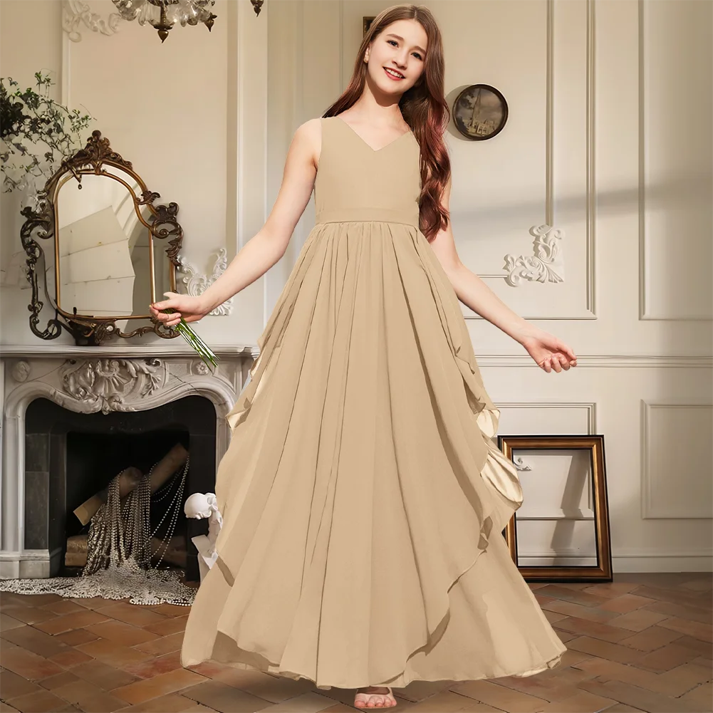 

Elegant A-Line V-Neck Floor-Length Chiffon Junior Bridesmaid Dress Cascading Ruffles Flower Girl Dress Girl Party Wedding Formal