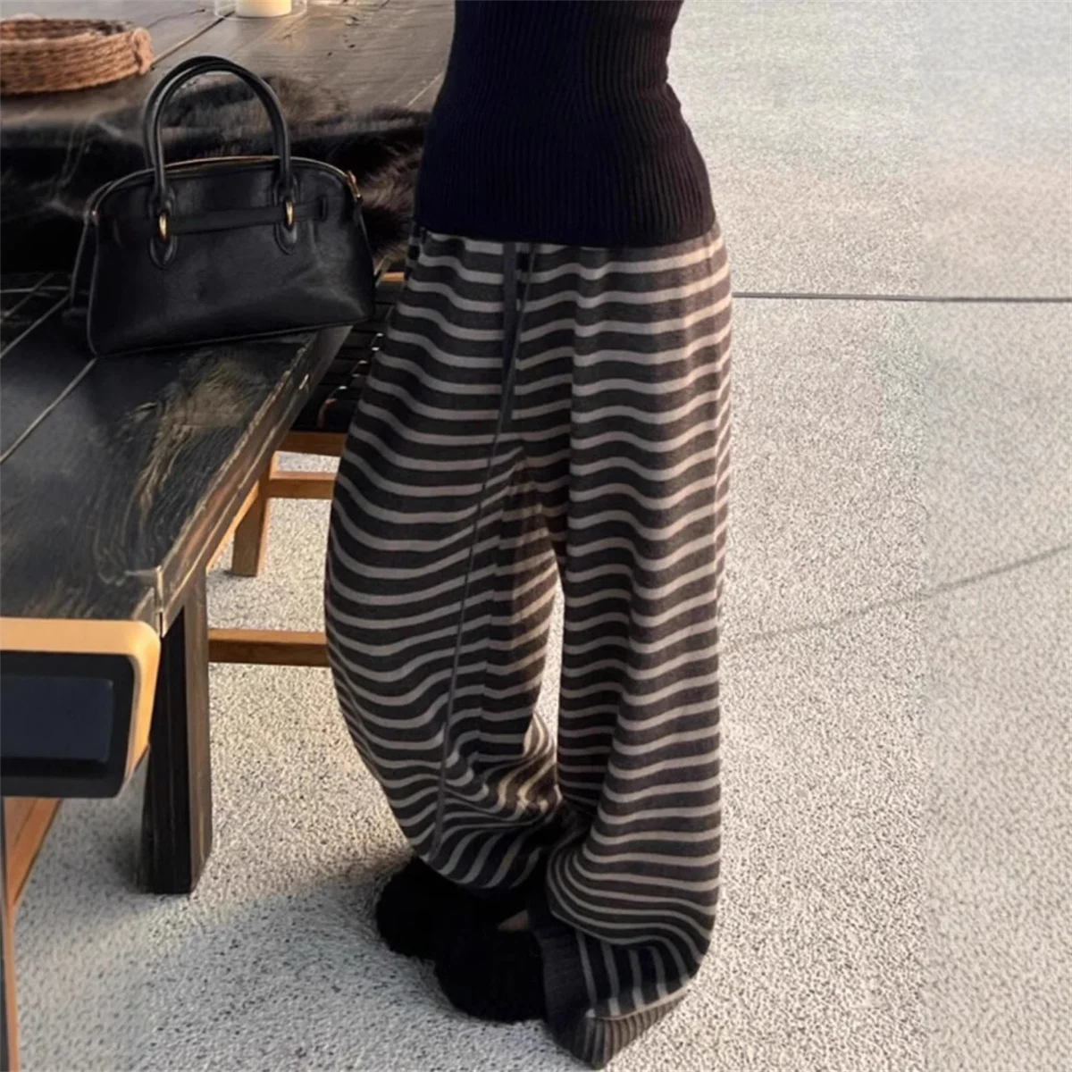 Harajuku Contrast Color Striped Women Wide Leg Pant Vintage Grunge Loose Knitted Pant Y2K American Casual Lady Straight Trousers